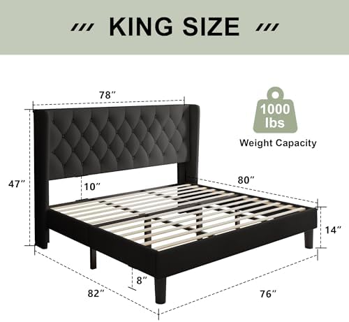 Feonase King Size Bed Frame with Wingback Tufted Headboard, Upholstered Platf...