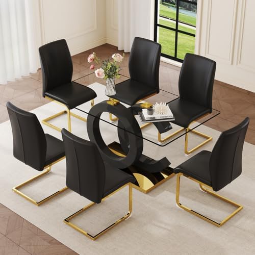 Glass Dining Table Set for 6,Modern Black Gold Dining Table Set,63" | Tempered Glass,Black OC-Shaped Legs,Gold Base,Black Cantilever Chairs,Dinner Table Set for 6, for Kitchen,Dining room