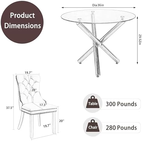 5 Pieces Gold Round Glass Dining Table Set, Modern Luxury Circle Kitchen Set ...