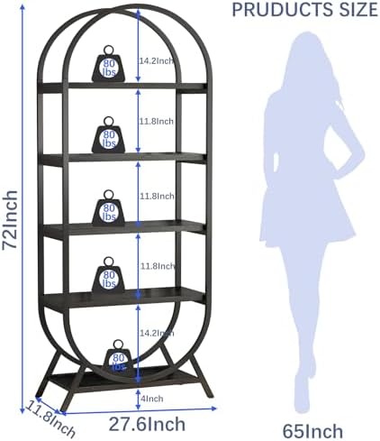 Bookshelf Arched Bookcase, Industrial 5 Tier Open Book Shelves with Metal Fra...