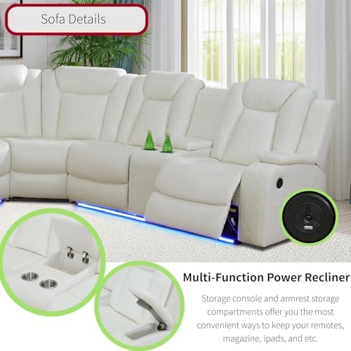 Power Recliner Sofa Sectional Sofa with LED Light for Living Room, Air Leathe...