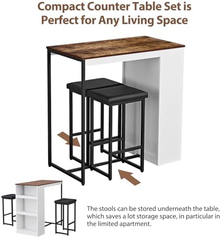 Panana 3 Piece Dining Table Set Kitchen Bar Table with Two Stool Storage Shel...