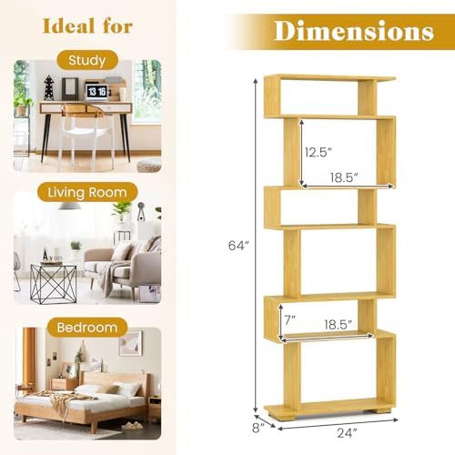 GIANTEX 6-Tier Geometric Bookshelf, S-Shaped Bookcase with 2 Anti-Tipping Kit...