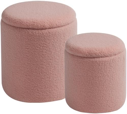 BLEXA Round Ottoman with Storage Set of 2 - Upholstered Sherpa Vanity Stool for Makeup Multifunctional Ottomans Coffee Table Padded Seat Foot Rest for Living Room & Bedroom (Sherpa Pink)