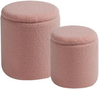 BLEXA Round Ottoman with Storage Set of 2 - Upholstered Sherpa Vanity Stool for Makeup Multifunctional Ottomans Coffee Table Padded Seat Foot Rest for Living Room & Bedroom (Sherpa Pink)