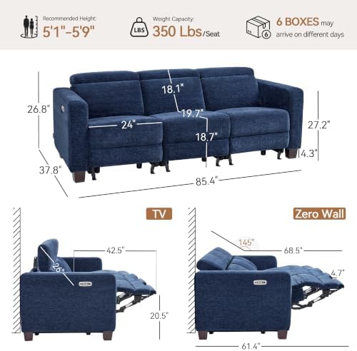 MCombo 85.4'' Zero Wall Hugger Power Recliner Sofa, HL198M3 (Navy Blu...