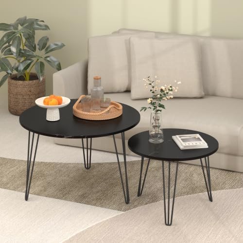 2 Piece Nesting Round Side Tables, Faux Marble Surface Nesting Coffee Table |...