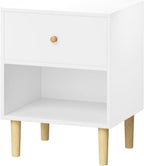 Kids Nightstand, Modern Night Stand with One Drawer and Open Storage Shelf, Wooden Bedside Table, End Table for Living Room, Bedroom, Toddler Nightstand for Boys and Girls, White