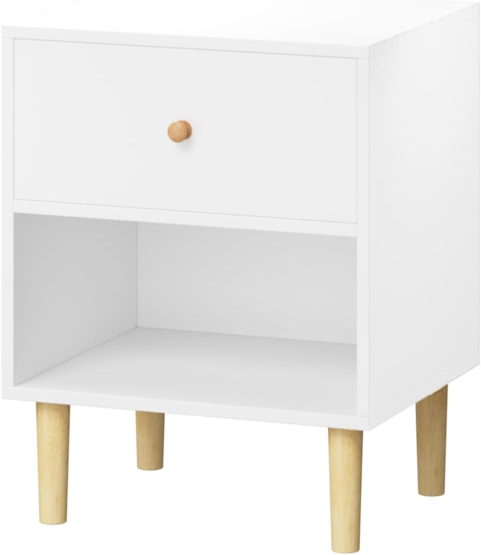Kids Nightstand, Modern Night Stand with One Drawer and Open Storage Shelf, Wooden Bedside Table, End Table for Living Room, Bedroom, Toddler Nightstand for Boys and Girls, White