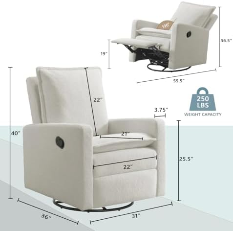 Oxford Baby Uptown Upholstered Glider Recliner Rocking Chair 360° Swivel for Nursery and Living Room - Boucle White