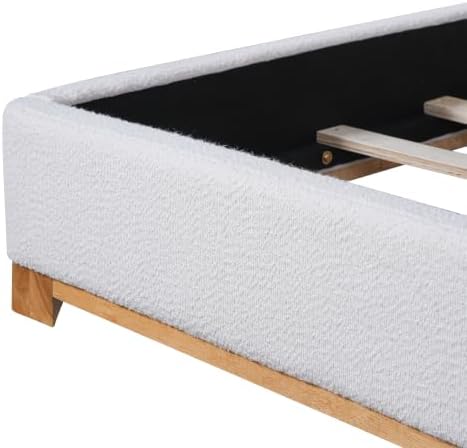 Peanu Queen Bed Frame, Boucle Upholstered Headboard, White Base