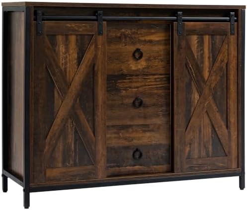 HOMCOM Industrial Farmhouse Buffet Cabinet, Kitchen Sideboard with Sliding Ba...