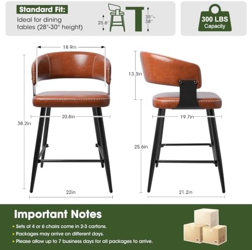 26" Counter Height Bar Chairs Set of 4, Padded Island Chairs, Brown