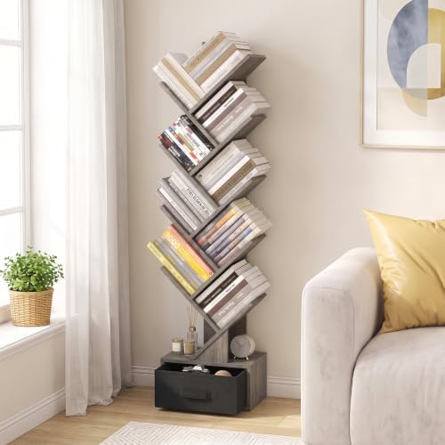 GIANTEX 9-Tier Tree Bookshelf, Tall Small Bookcase with Drawer, Gray Oak