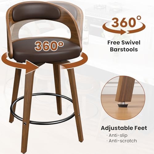 REONEY Swivel Bar Stools Set of 3, 26" Counter Height, Brown | Walnut Wo...