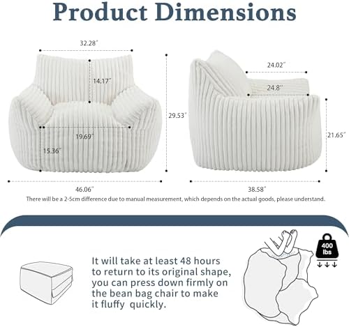 Giant Plush Bean Bag Chair for Adults with Armrests - Oversized Comfy Beige B...