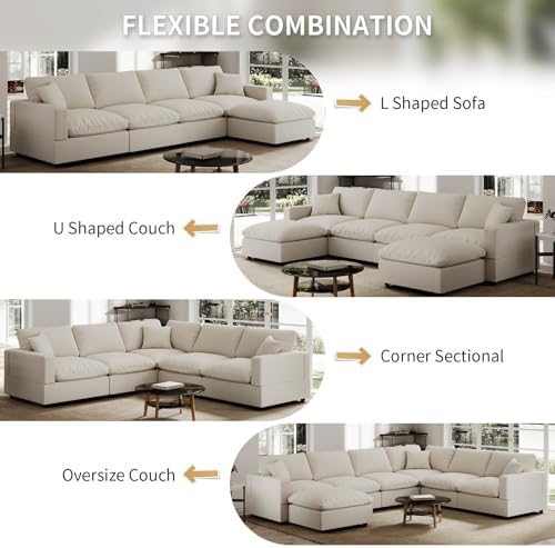 Modern Sectional Linen Couch for Living Room V Shape Sofas,5 Seat with Ottoma...