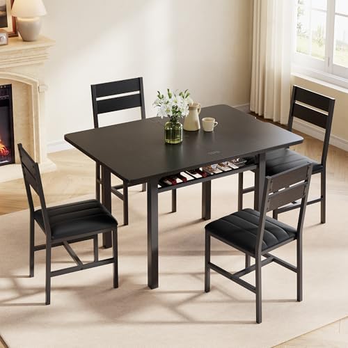 MapleGrace Extendable Dining Table Set for 4 with Built-in Shelf Rack Black