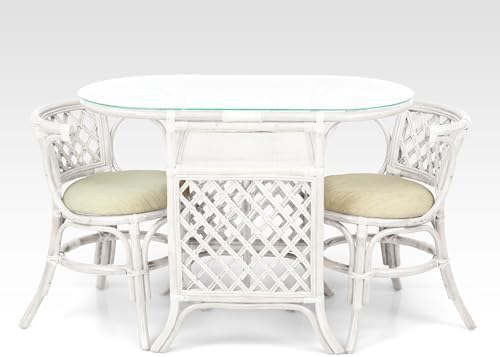 Borneo Compact Dining Set White Color, Table with Glass Top + 2 Chairs with C...
