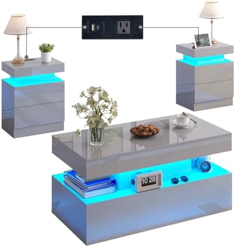LUXOAK 3-Piece Modern Coffee Table Set with LED