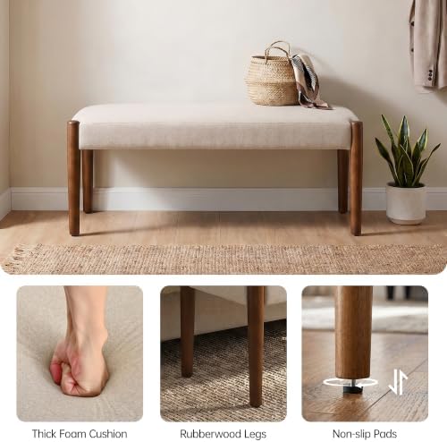 Usaint 42" End of Bed Bench with Wood Legs, Beige with Walnut Leg | Mode...