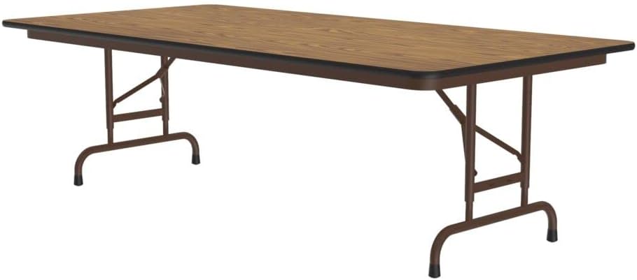 Correll Heavy Duty Adjustable Height Utility Folding Table, Melamine Top, USA Made, Strong Steel Apron, 30"x60", Medium Oak Top Brown Edge