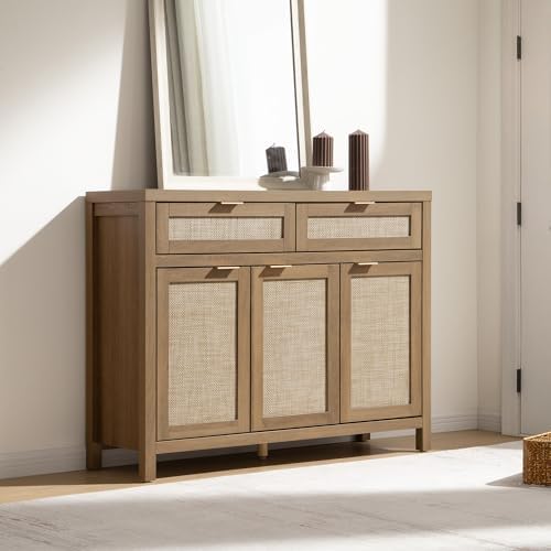 SICOTAS Rattan Sideboard Buffet Cabinet with Storage, Boho Credenza Accent