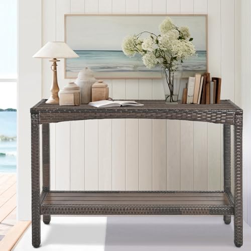Outdoor Console Table Patio Buffet Bar Storage Organizer 45" Long Wicker...