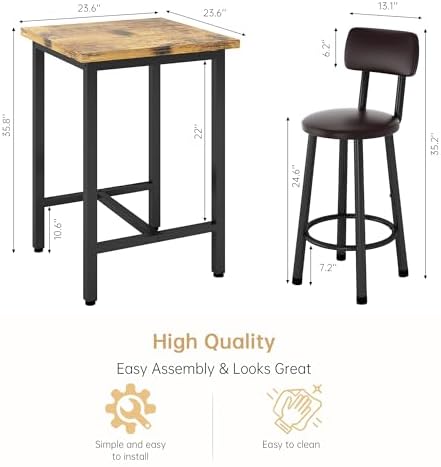 3 Piece Bar Table and Chairs Set for 2, Counter Height Square Pub Dining Set,...