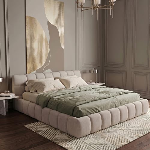 Chenille Fabric Upholstered Platform Bed Frame with Soft Headboard, Modern Lo...