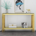 55” Rectangle Glass Console Table, 2-Tier Sofa Table with Clear Tempered Glass Top Golden Mirrored Stainless Steel Legs, Modern Luxury Narrow Entryway Table with Lower Shelf for Living Room
