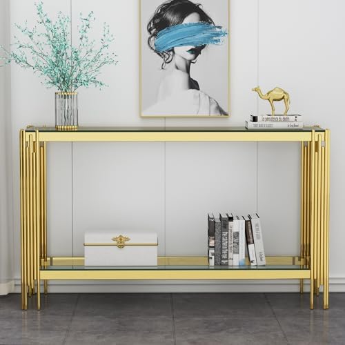 55” Rectangle Glass Console Table, 2-Tier Sofa Table with Clear Tempered Glass Top Golden Mirrored Stainless Steel Legs, Modern Luxury Narrow Entryway Table with Lower Shelf for Living Room