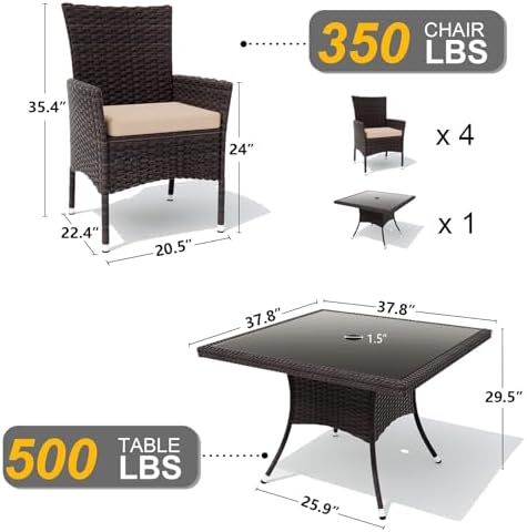 Gotland 5 Piece Outdoor Dining Set, All-Weather Rattan Patio Furniture Set wi...