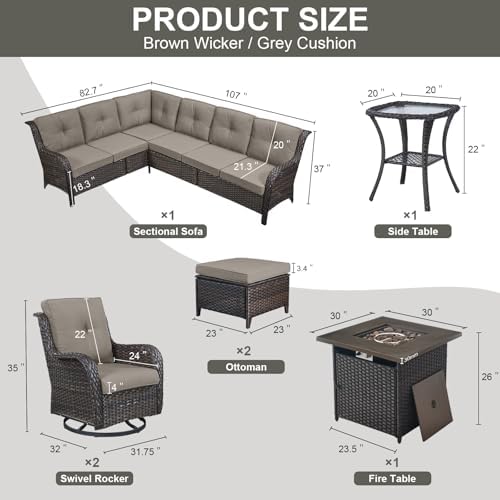 Belord Patio Furniture Set with Fire Pit Table,8 Piece Wicker Outdoor Furnitu...