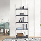 5-Tier Ladder Shelf, 72.01'' Tall Freestanding Storage Rack, Stylish Space-Saving Bookcase, Solid Wood Ladder Bookshelf for Living Room, Corner, Home Office, Grey+White