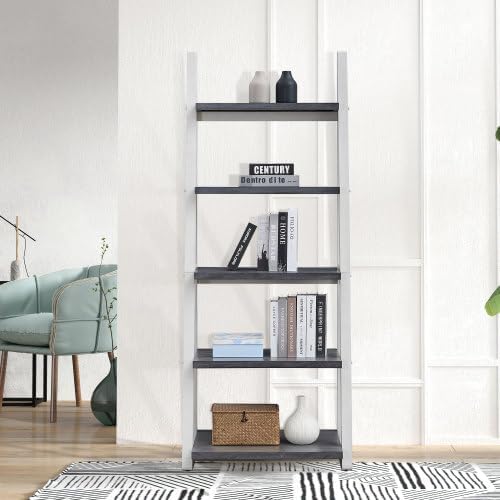 5-Tier Ladder Shelf, 72.01'' Tall Freestanding Storage Rack, Solid Wood Ladder Bookshelf, Stylish Space-Saving Bookcase for Living Room, Corner, Home Office, Grey+White