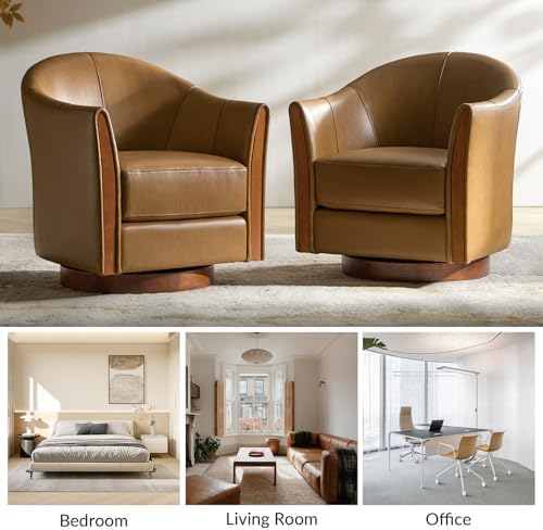HULALA HOME Leather Swivel Accent Chair with Wood Base Set of 2, Camel | 360-...