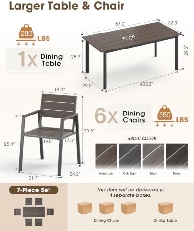 Outdoor Dining Set for 6, Aluminum Patio HDPS Outdooor Table and Chairs Set w...