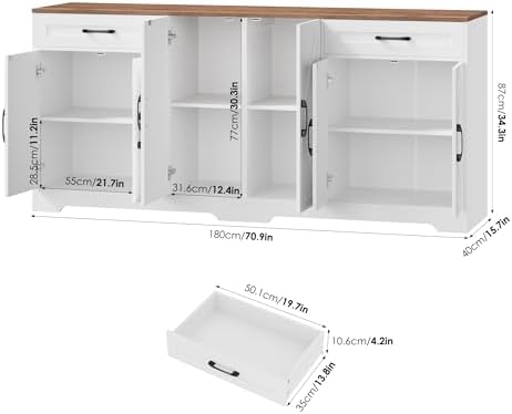 BOTLOG 71” Large Kitchen Buffet Cabinet with Adjustable Shelves