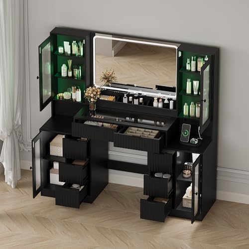 Fluted Makeup Vanity Desk with Mirror and Lights, 55" Glass Top Vanity w...