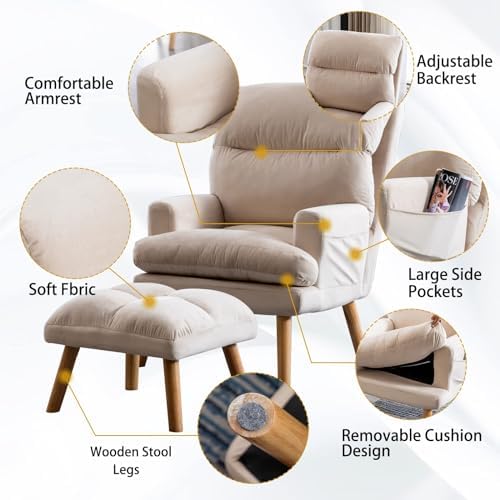 CANMOV Modern Accent Chair with Ottoman Set of 2, Soft Fabric Armchair with A...