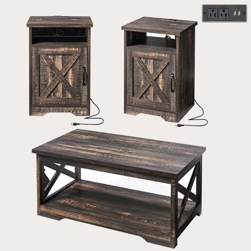 AMERLIFE 3 Piece Farmhouse Living Room Coffee Table Set, Dark Oak | Coffee Ta...