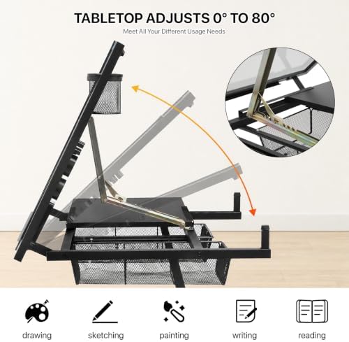 Athena Collection Glass Drafting Table W/Stool, Tilting Art Desk, Black