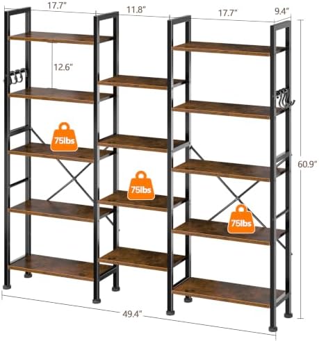 Furologee Triple 5 Tier Bookshelf with 14 Display Shelves, Rustic Brown