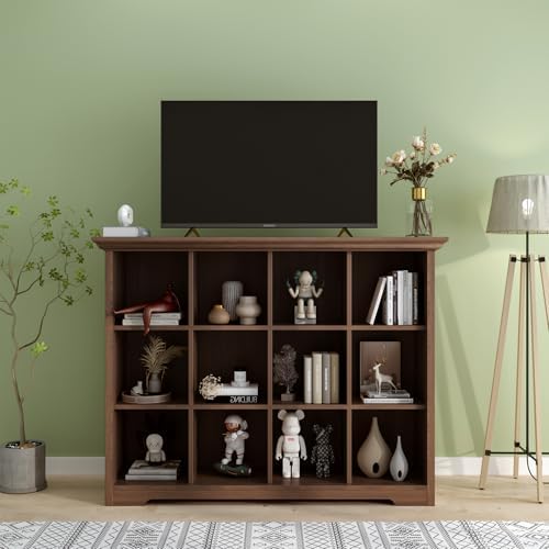 OSCHF 12-Cube Open Bookcase with Base, 3-Tier Wooden Bookshelf, Walnut
