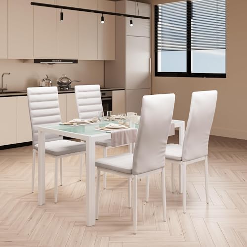Bealife Kitchen Dining Table Set for 4, Tempered Glass 5 Piece - White