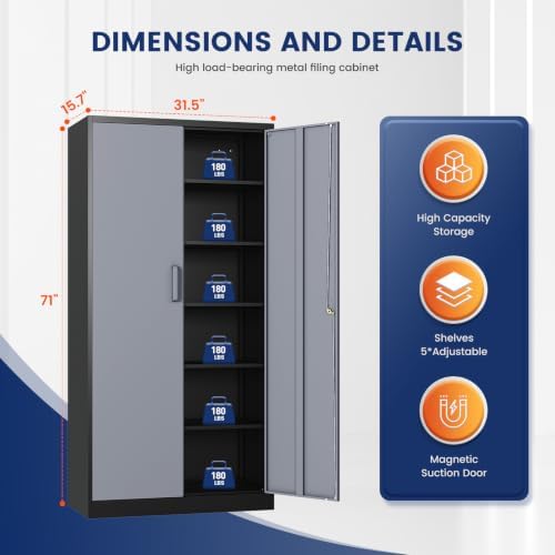 Yizosh Metal Garage Storage Cabinet with 2 Doors and 5 Adjustable Shelves - 7...