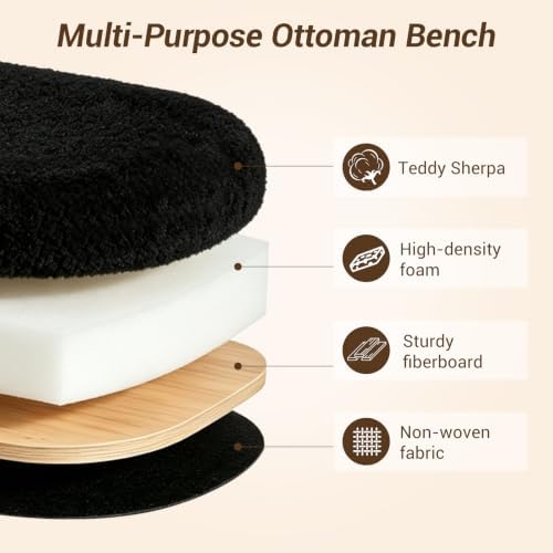 Teddy Sherpa Oval Black Ottoman with Storage, 45.5-inch Bench | Teddy Upholst...