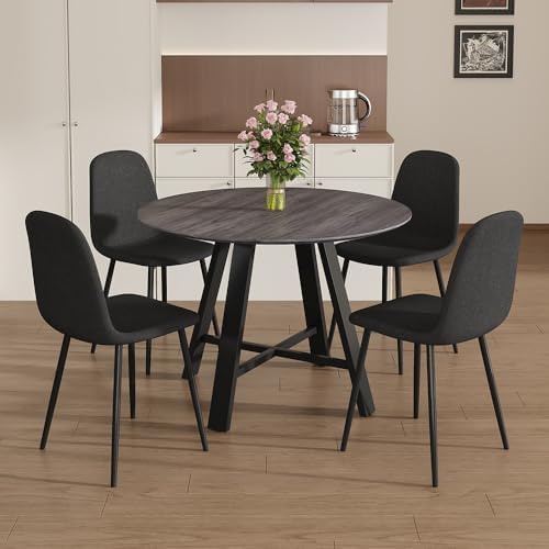 Round Dining Table Set for 4, 5 Piece Kitchen Table and Chairs Set with 42 Inch Wood Grain Tabletop, Black Upholstered Chairs, Metal Frame Dining Room Furniture for Apartment, Breakfast Nook