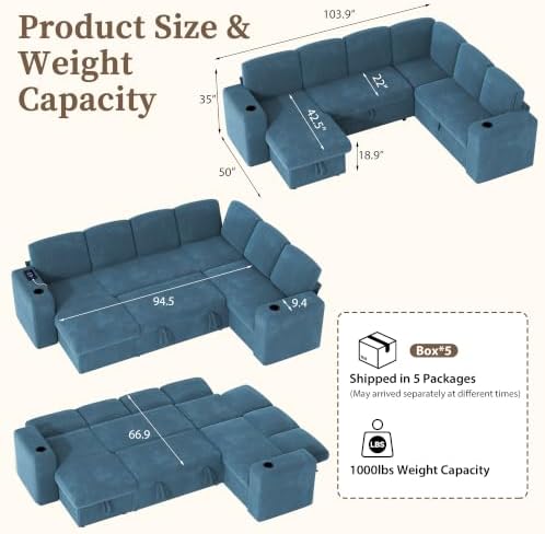 wanan Sectional Sleeper Sofa with Pull Out Couch Bed, 7 Seats Modular U Shape...